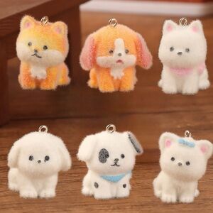 Adorable Fuzzy Dog Charm Keychain Set 6PCs-Cute Mini Puppy Pet Phone Charms